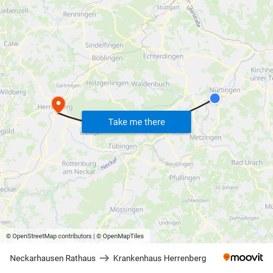 Neckarhausen Rathaus to Krankenhaus Herrenberg map