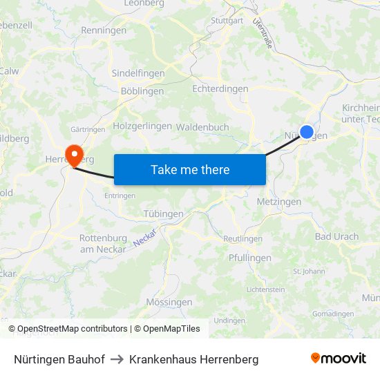 Nürtingen Bauhof to Krankenhaus Herrenberg map