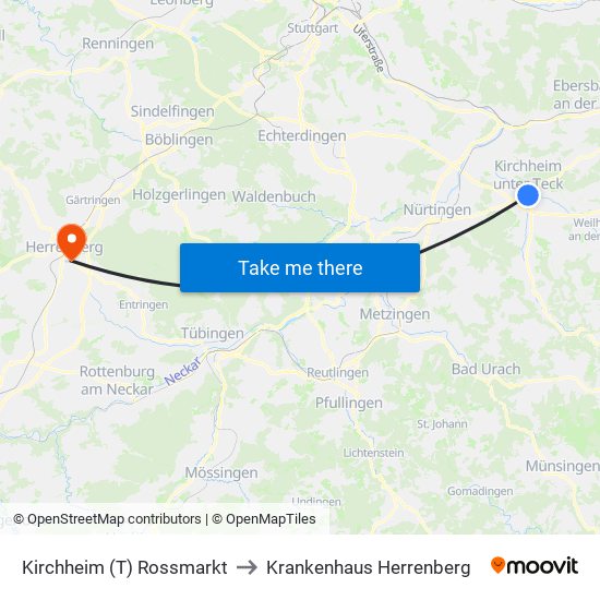 Kirchheim (T) Rossmarkt to Krankenhaus Herrenberg map