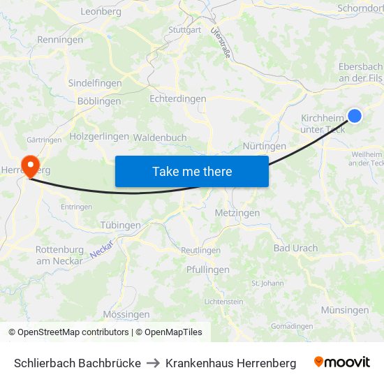 Schlierbach Bachbrücke to Krankenhaus Herrenberg map