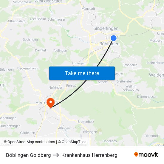 Böblingen Goldberg to Krankenhaus Herrenberg map