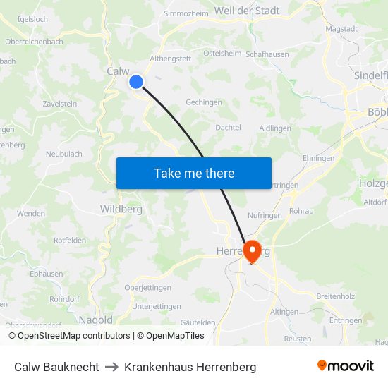Calw Bauknecht to Krankenhaus Herrenberg map
