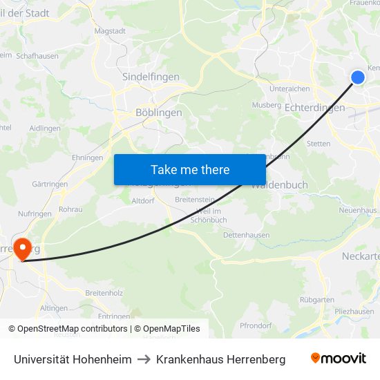 Universität Hohenheim to Krankenhaus Herrenberg map