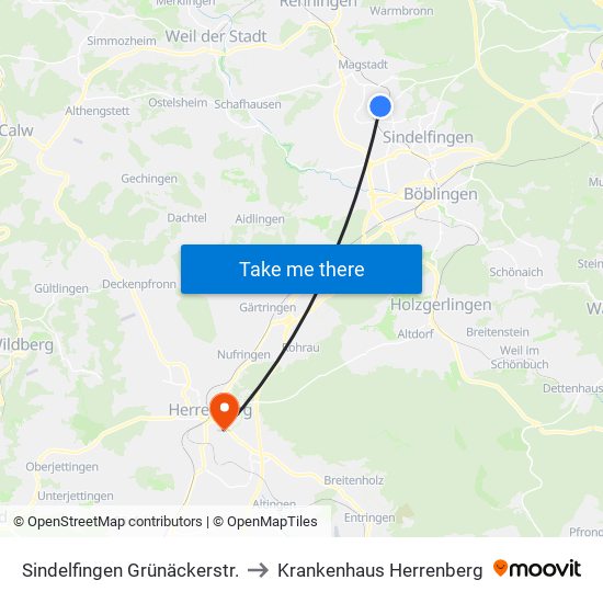 Sindelfingen Grünäckerstr. to Krankenhaus Herrenberg map