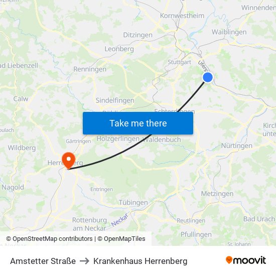 Amstetter Straße to Krankenhaus Herrenberg map