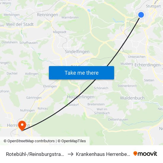 Rotebühl-/Reinsburgstraße to Krankenhaus Herrenberg map