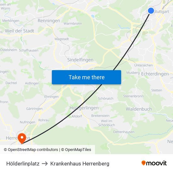 Hölderlinplatz to Krankenhaus Herrenberg map