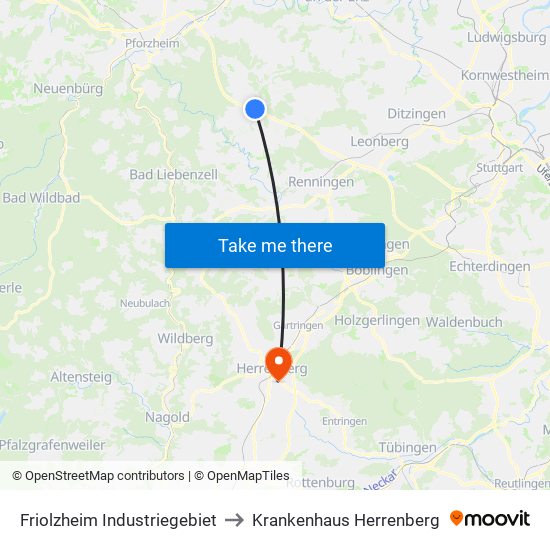 Friolzheim Industriegebiet to Krankenhaus Herrenberg map