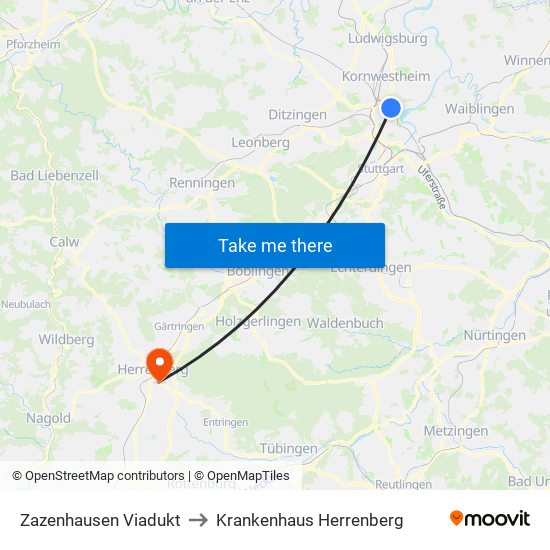 Zazenhausen Viadukt to Krankenhaus Herrenberg map
