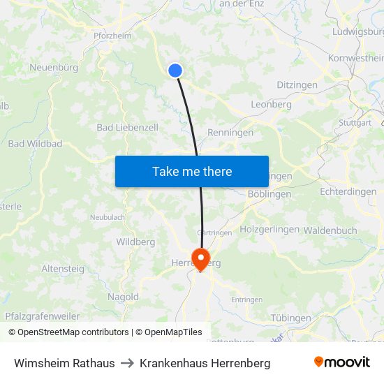 Wimsheim Rathaus to Krankenhaus Herrenberg map