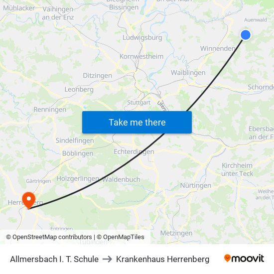 Allmersbach I. T. Schule to Krankenhaus Herrenberg map