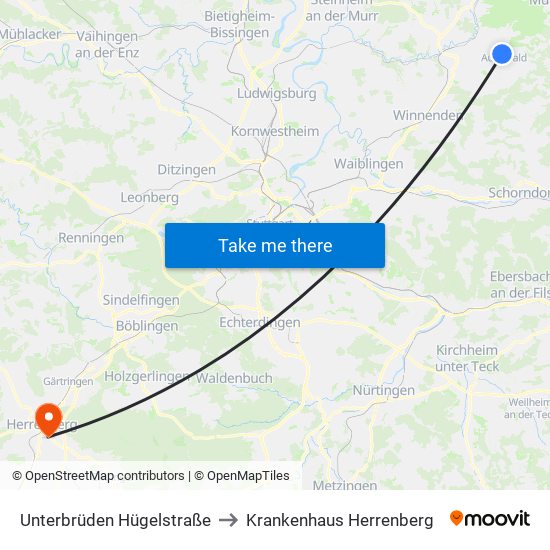 Unterbrüden Hügelstraße to Krankenhaus Herrenberg map