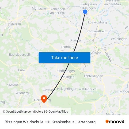 Bissingen Waldschule to Krankenhaus Herrenberg map