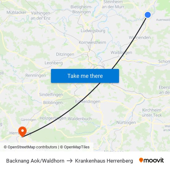 Backnang Aok/Waldhorn to Krankenhaus Herrenberg map