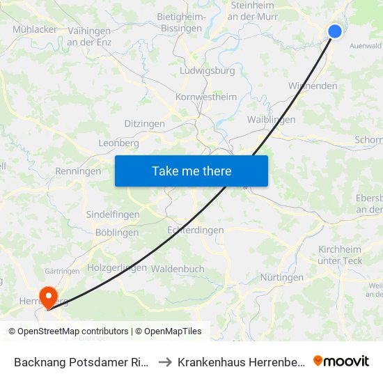 Backnang Potsdamer Ring to Krankenhaus Herrenberg map