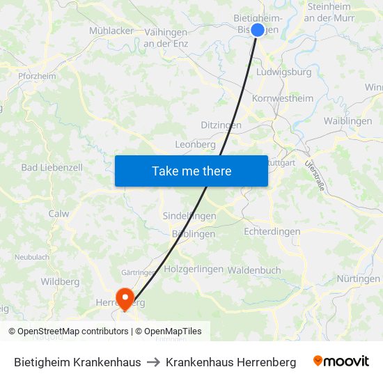 Bietigheim Krankenhaus to Krankenhaus Herrenberg map