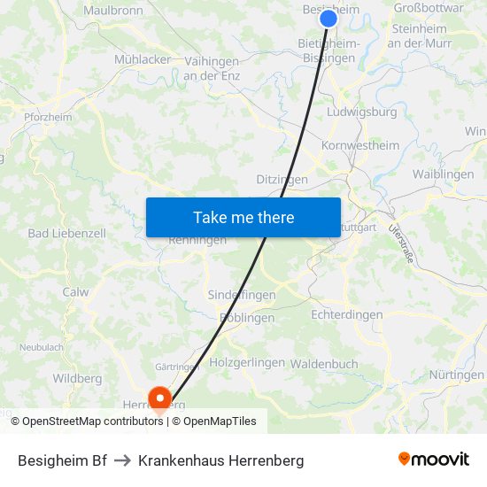 Besigheim Bf to Krankenhaus Herrenberg map