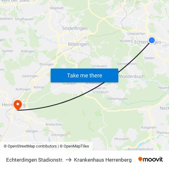 Echterdingen Stadionstr. to Krankenhaus Herrenberg map