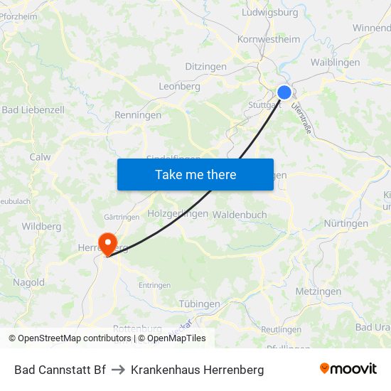 Bad Cannstatt Bf to Krankenhaus Herrenberg map