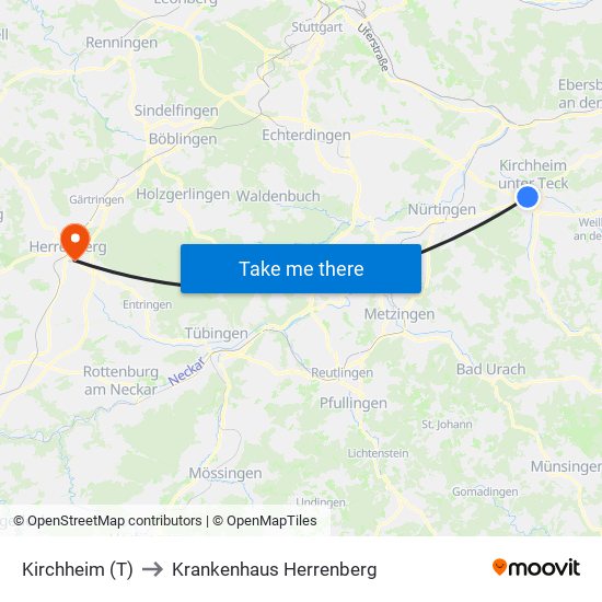 Kirchheim (T) to Krankenhaus Herrenberg map