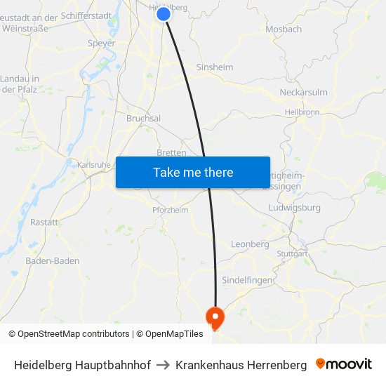 Heidelberg Hauptbahnhof to Krankenhaus Herrenberg map