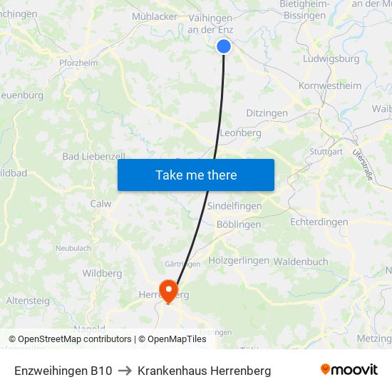 Enzweihingen B10 to Krankenhaus Herrenberg map