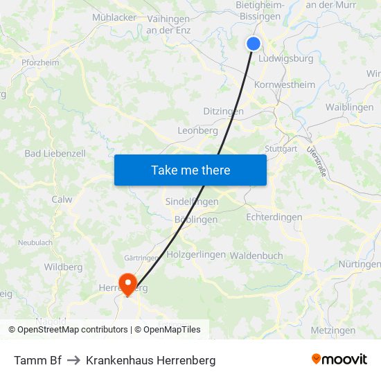 Tamm Bf to Krankenhaus Herrenberg map