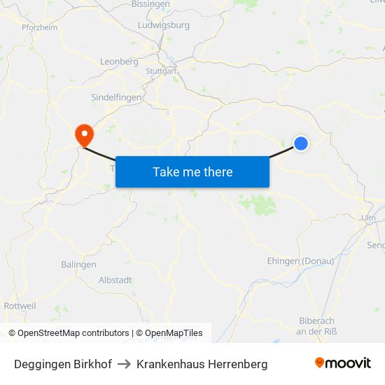 Deggingen Birkhof to Krankenhaus Herrenberg map