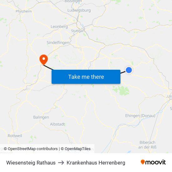 Wiesensteig Rathaus to Krankenhaus Herrenberg map