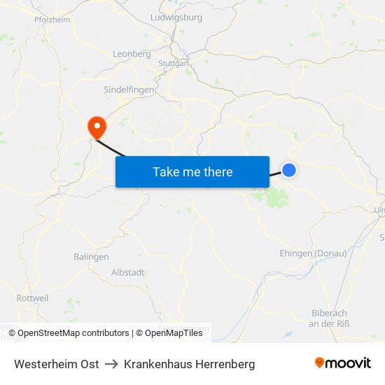 Westerheim Ost to Krankenhaus Herrenberg map