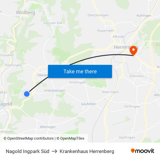 Nagold Ingpark Süd to Krankenhaus Herrenberg map