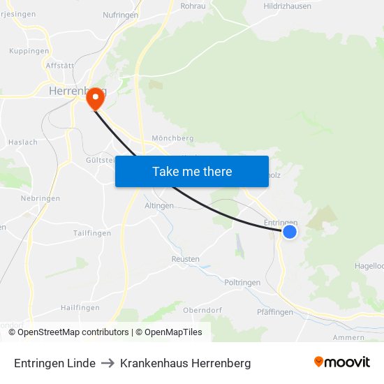 Entringen Linde to Krankenhaus Herrenberg map