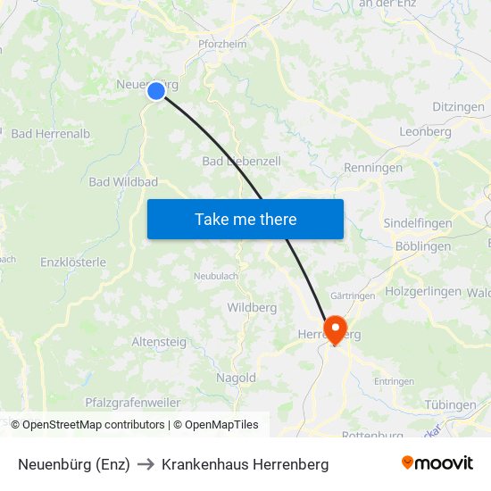 Neuenbürg (Enz) to Krankenhaus Herrenberg map