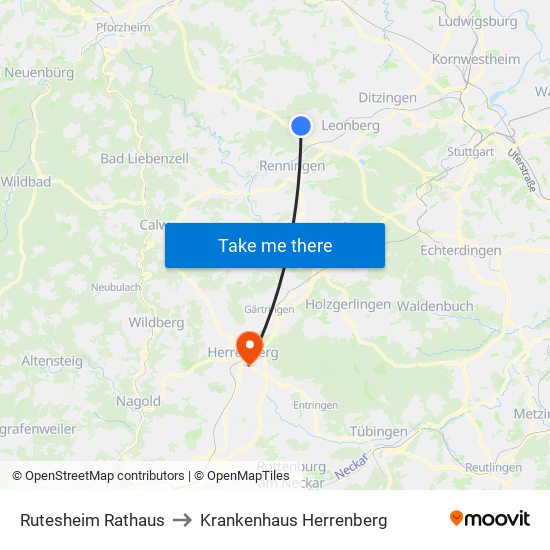 Rutesheim Rathaus to Krankenhaus Herrenberg map