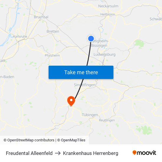 Freudental Alleenfeld to Krankenhaus Herrenberg map