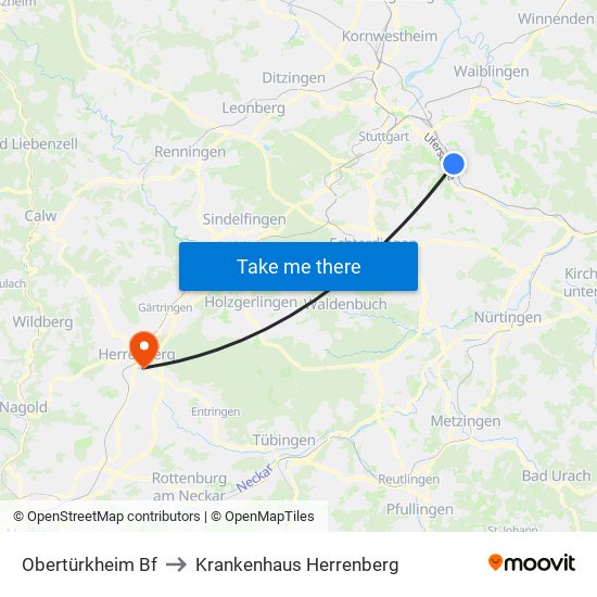 Obertürkheim Bf to Krankenhaus Herrenberg map