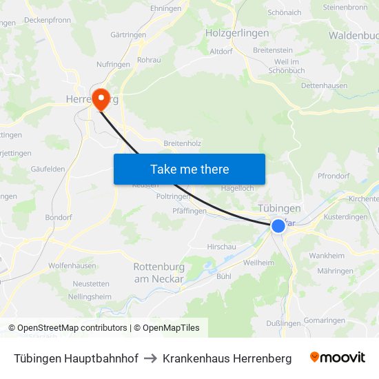 Tübingen Hauptbahnhof to Krankenhaus Herrenberg map