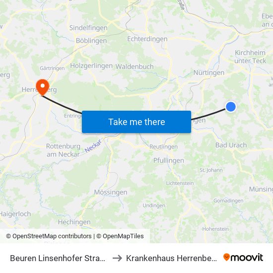 Beuren Linsenhofer Straße to Krankenhaus Herrenberg map