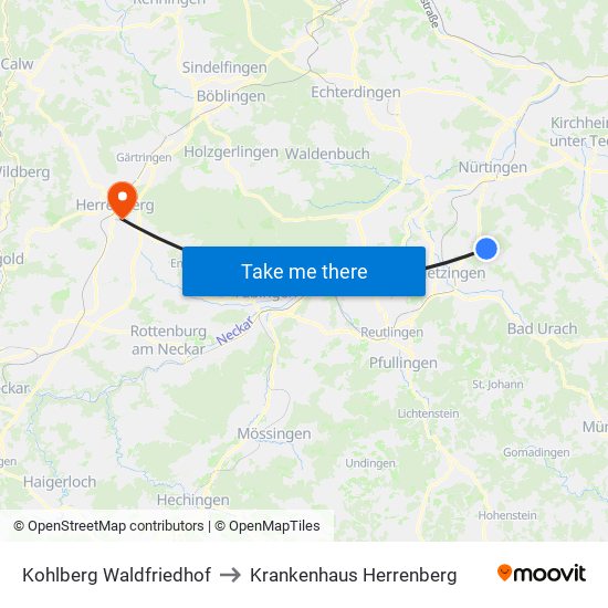 Kohlberg Waldfriedhof to Krankenhaus Herrenberg map