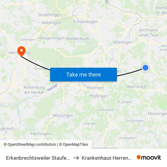 Erkenbrechtsweiler Staufenstr. to Krankenhaus Herrenberg map