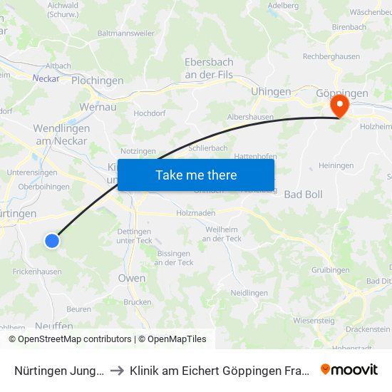 Nürtingen Jungborn to Klinik am Eichert Göppingen Frauenklinik map