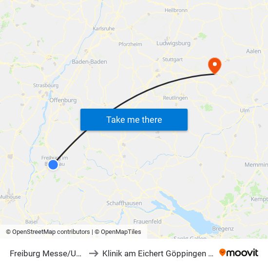 Freiburg Messe/Universität to Klinik am Eichert Göppingen Frauenklinik map