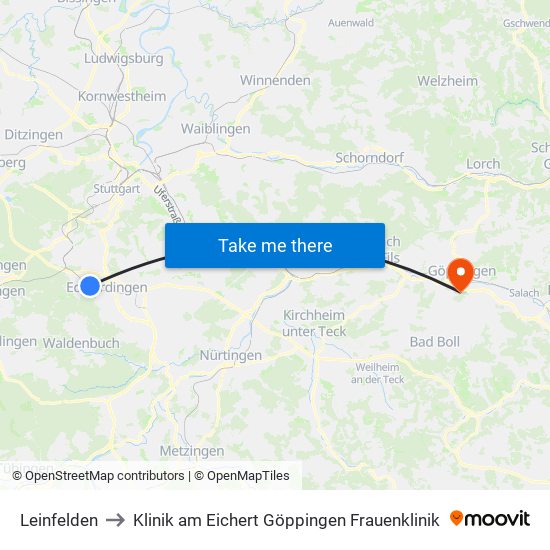 Leinfelden to Klinik am Eichert Göppingen Frauenklinik map