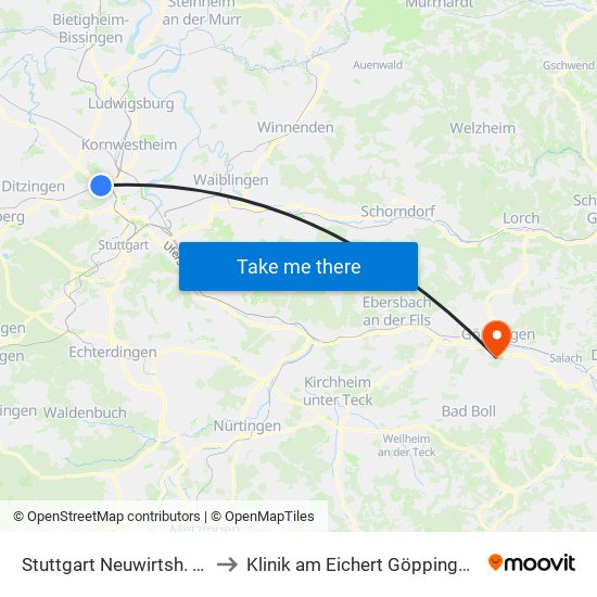 Stuttgart Neuwirtsh. (Porschep.) to Klinik am Eichert Göppingen Frauenklinik map