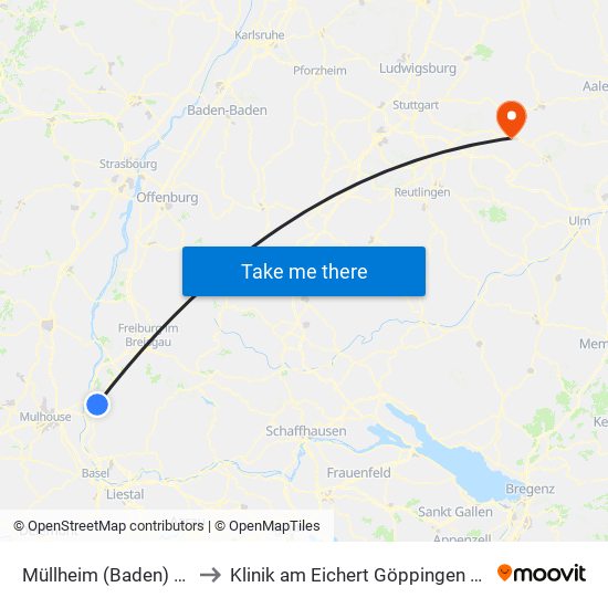 Müllheim (Baden) Bahnhof to Klinik am Eichert Göppingen Frauenklinik map