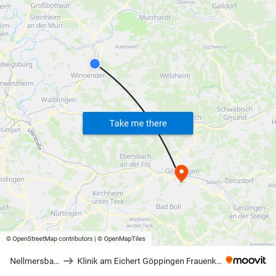 Nellmersbach to Klinik am Eichert Göppingen Frauenklinik map
