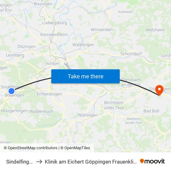 Sindelfingen to Klinik am Eichert Göppingen Frauenklinik map