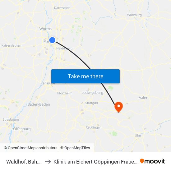 Waldhof, Bahnhof to Klinik am Eichert Göppingen Frauenklinik map