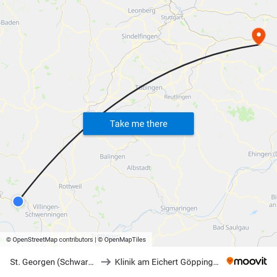 St. Georgen (Schwarzw) Bahnhof to Klinik am Eichert Göppingen Frauenklinik map