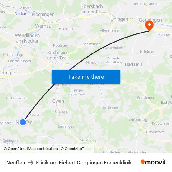 Neuffen to Klinik am Eichert Göppingen Frauenklinik map